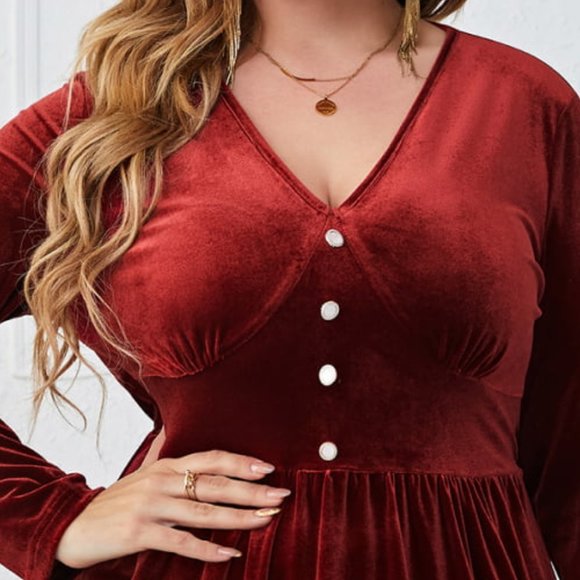 Melo Apparel Plus Size V-Neck Decorative Button Knee Length Dress - Picture 4 of 8